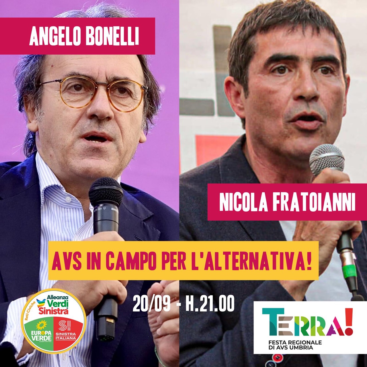 20 settembre, ore 21.00: Angelo Bonelli e Nicola Fratoianni, AVS in campo per l’alternativa