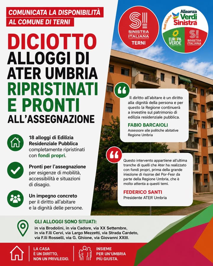 🔴🟢📢 🏠 18 alloggi ATER ripristinati e pronti per essere assegnati a Terni. Un risultato concreto che dà r…