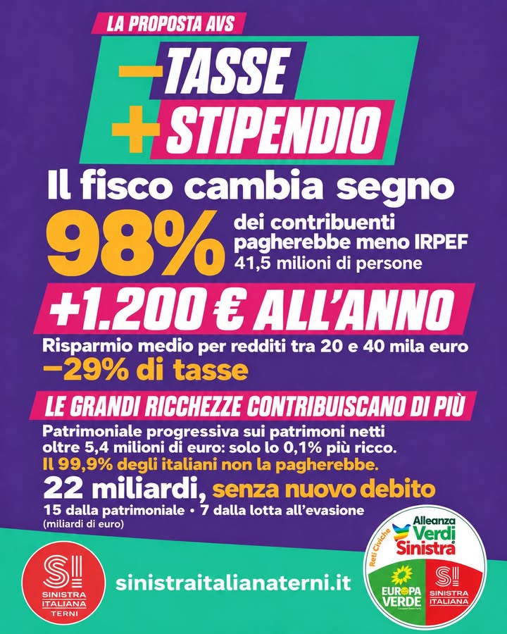 🔴🟢📢 Meno tasse, più stipendio. Con AVS il fisco cambia segno. La nostra proposta ridurrebbe l’IRPEF al 9…